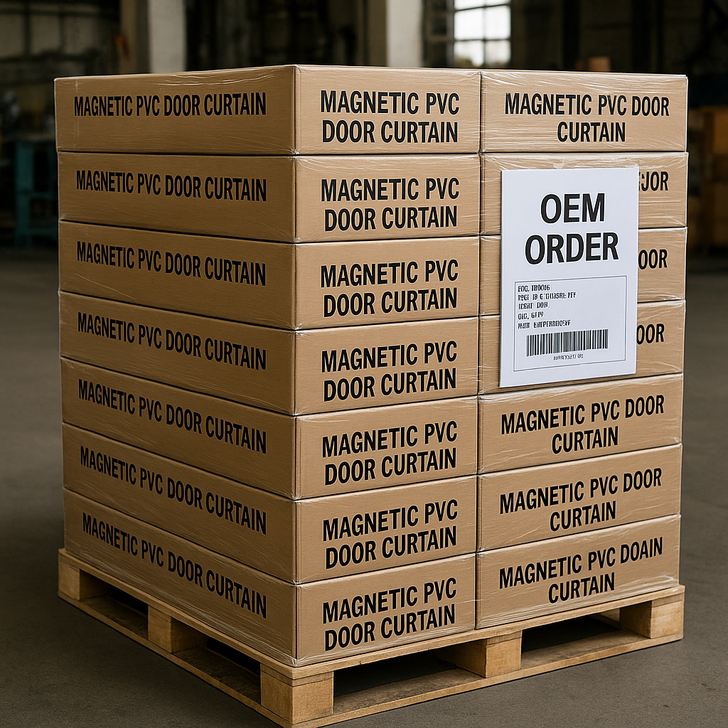 Pallets of magnetic PVC strip curtains ready for bulk shipment from a factory.